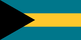 The flag of the Bahamas is composed of three equal horizontal bands of aquamarine, yellow and aquamarine, with a black equilateral triangle superimposed on the hoist side of the field. This triangle has its base on the hoist end and spans about one-third the width of the field.