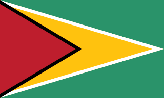 The flag of Guyana has a green field with two isosceles triangles which share a common base on the hoist end. The smaller black-edged red triangle spanning half the width of the field is superimposed on the larger white-edged yellow triangle which spans the full width of the field.