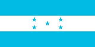 The flag of Honduras is composed of three equal horizontal bands of turquoise, white and turquoise, with five small five-pointed turquoise stars arranged in a quincuncial pattern at the center of the white band.