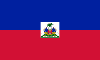 The flag of Haiti is composed of two equal horizontal bands of blue and red. A white square bearing the national coat of arms is superimposed at the center of the field.