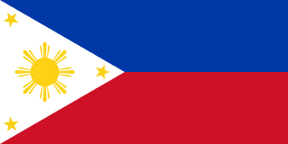 The flag of Philippines is composed of two equal horizontal bands of blue and red, with a white equilateral triangle superimposed on the hoist side of the field. This triangle has its base on the hoist end, spans about two-fifth the width of the field and bears a central golden-yellow sun with eight rays and a five-pointed golden-yellow star at each vertex.