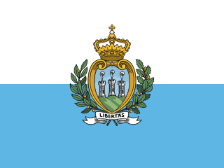 The flag of San Marino is composed of two equal horizontal bands of white and light blue, with the national coat of arms superimposed in the center.