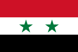 The flag of Syria is composed of three equal horizontal bands of red, white and black. At the center of the white band are two small five-pointed green stars arranged in a horizontal line.