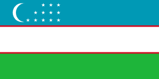 The flag of Uzbekistan is composed of three equal horizontal bands of turquoise, white with red top and bottom edges, and green. On the hoist side of the turquoise band is a fly-side facing white crescent and twelve five-pointed white stars arranged just outside the crescent opening in three rows comprising three, four and five stars.